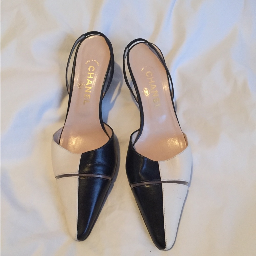 Black and white Chanel Mules